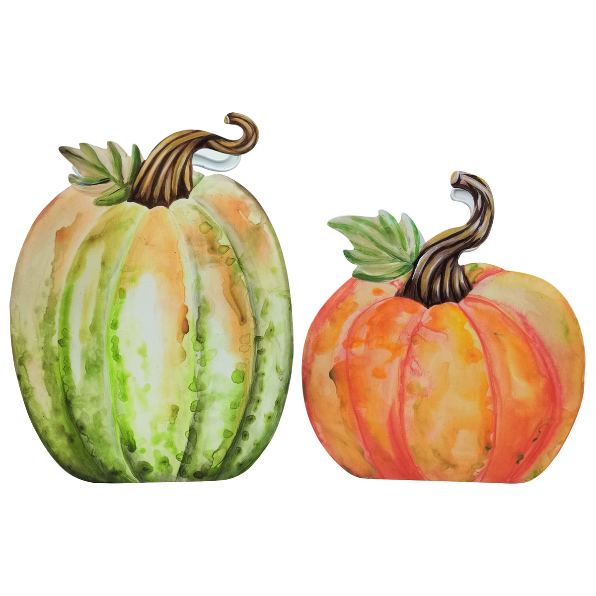 Metal stand-alone pocket in watercolor pumpkin shape with soft fall hues.