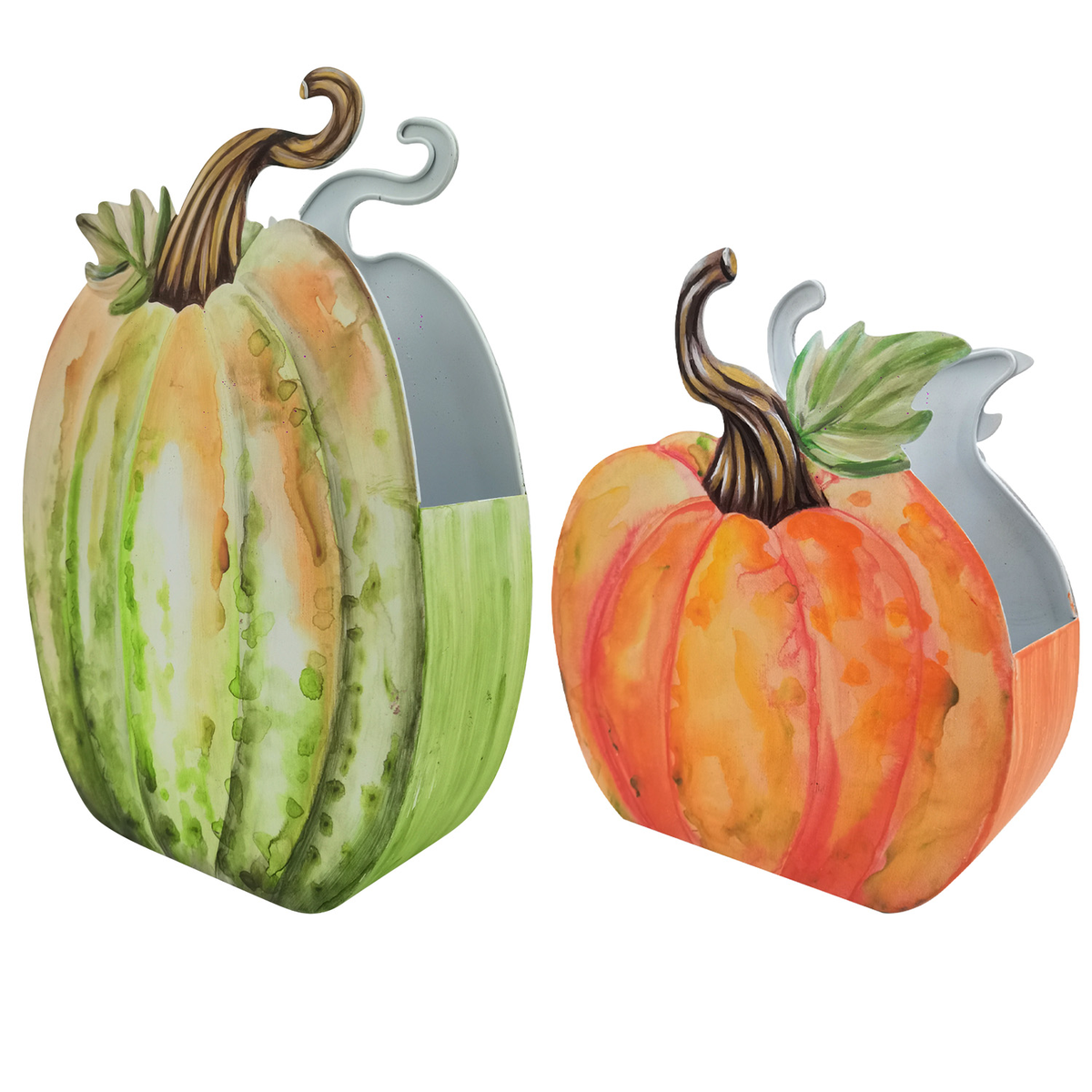 Metal watercolor pumpkin pocket with soft fall hues in a standalone decorative silhouette.