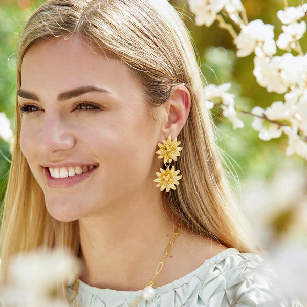 Triple plated gold water lily tier earrings with floating floral silhouettes