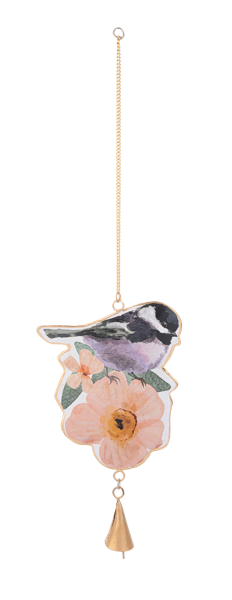 Black windchime with white watercolor bird silhouettes on a vertical rectangular frame.