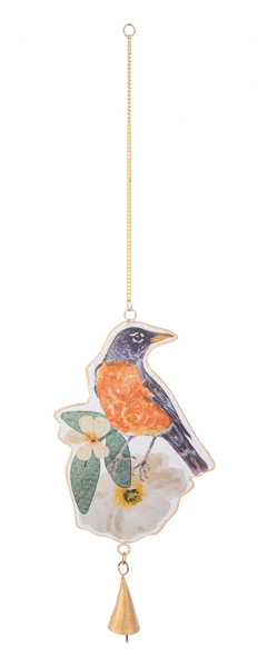 Grey windchime with hand-painted orange watercolor bird silhouettes on a natural wood frame.
