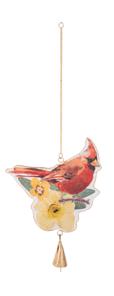 Red watercolor bird windchime with hand-painted feather pattern swaying outdoors.