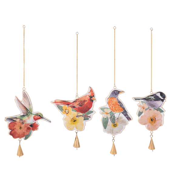 Hand-painted watercolor bird windchime with vibrant colors on a natural wood frame.
