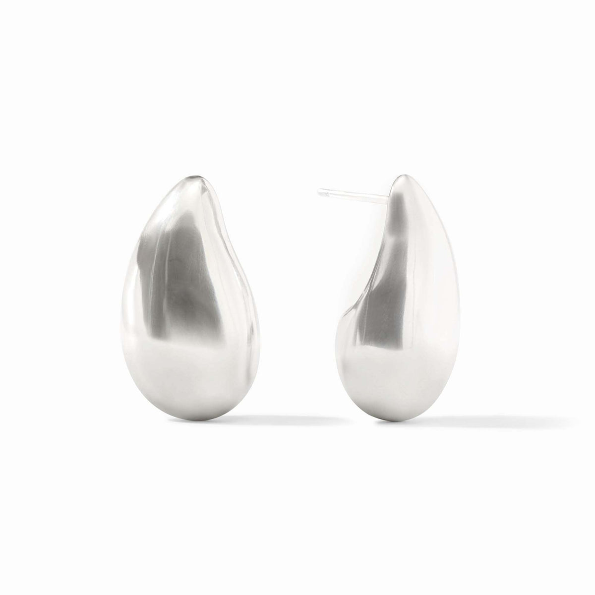Silver wave earring with sculptural liquid droplet silhouette on a pierced ear post.