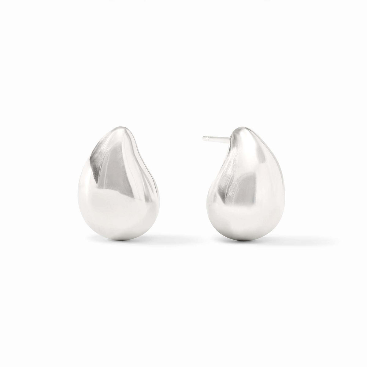 Silver wave earring with sculptural droplet shape on a pierced ear post.