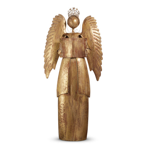 Antiqued gold iron angel statue with soft finish measuring 4.5 feet tall.