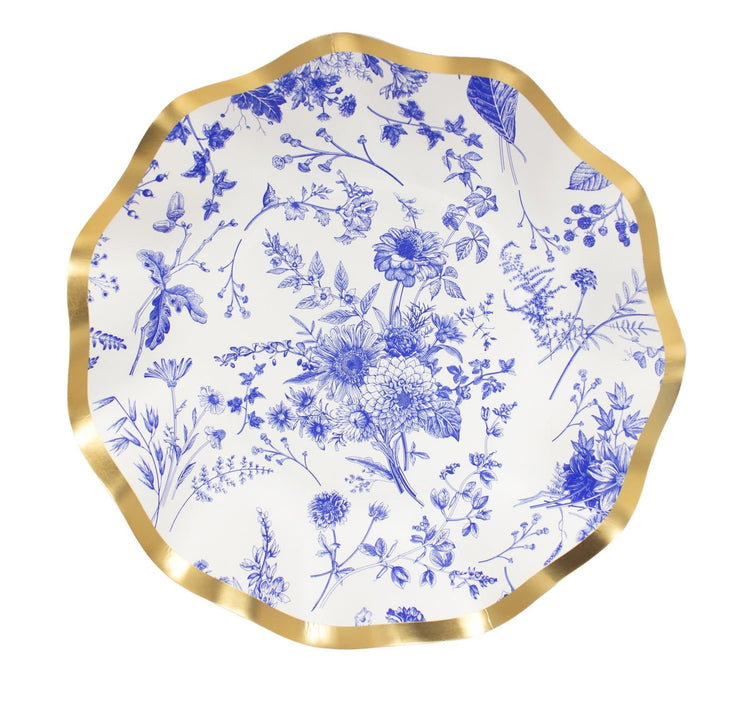 Packaged white paper dessert bowls with ruffled edges, blue accents, and a metallic gold rim.
