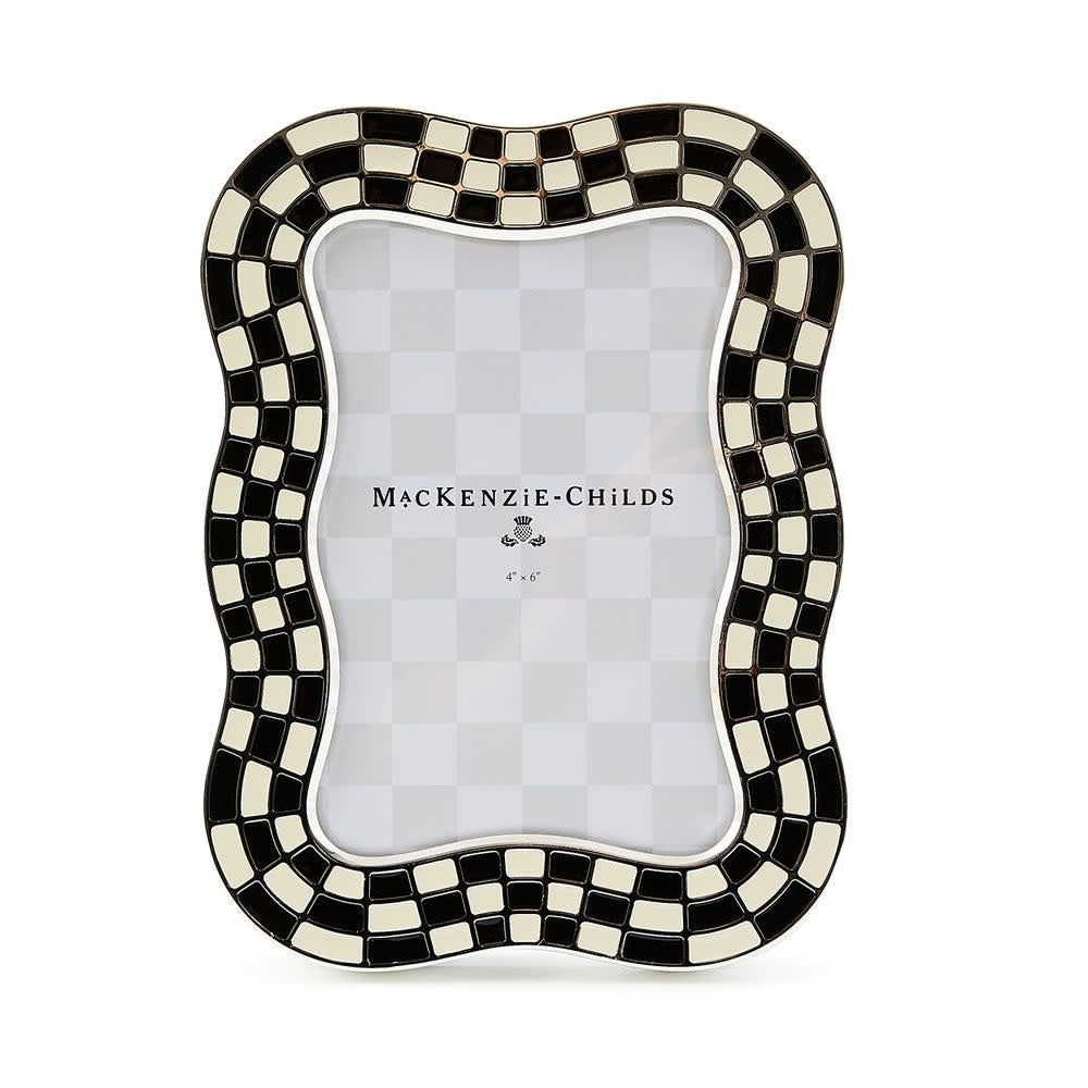 Silver-plated frame with wavy enamel checks and glass insert on velvet backing