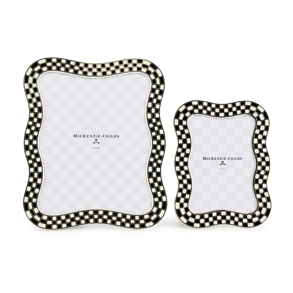 Silver-plated frame with wavy check enamel pattern and glass insert on easel stand