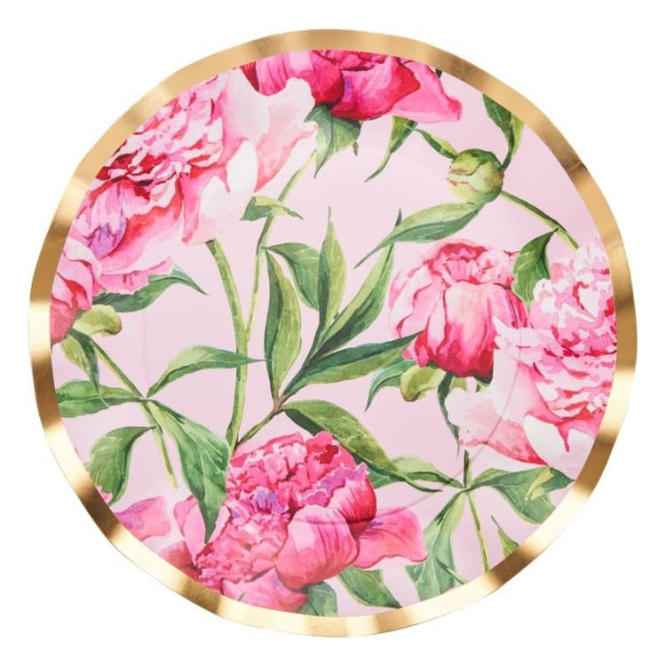 Pack of eight pink peony-patterned wavy paper dinner plates measuring 10 inches.