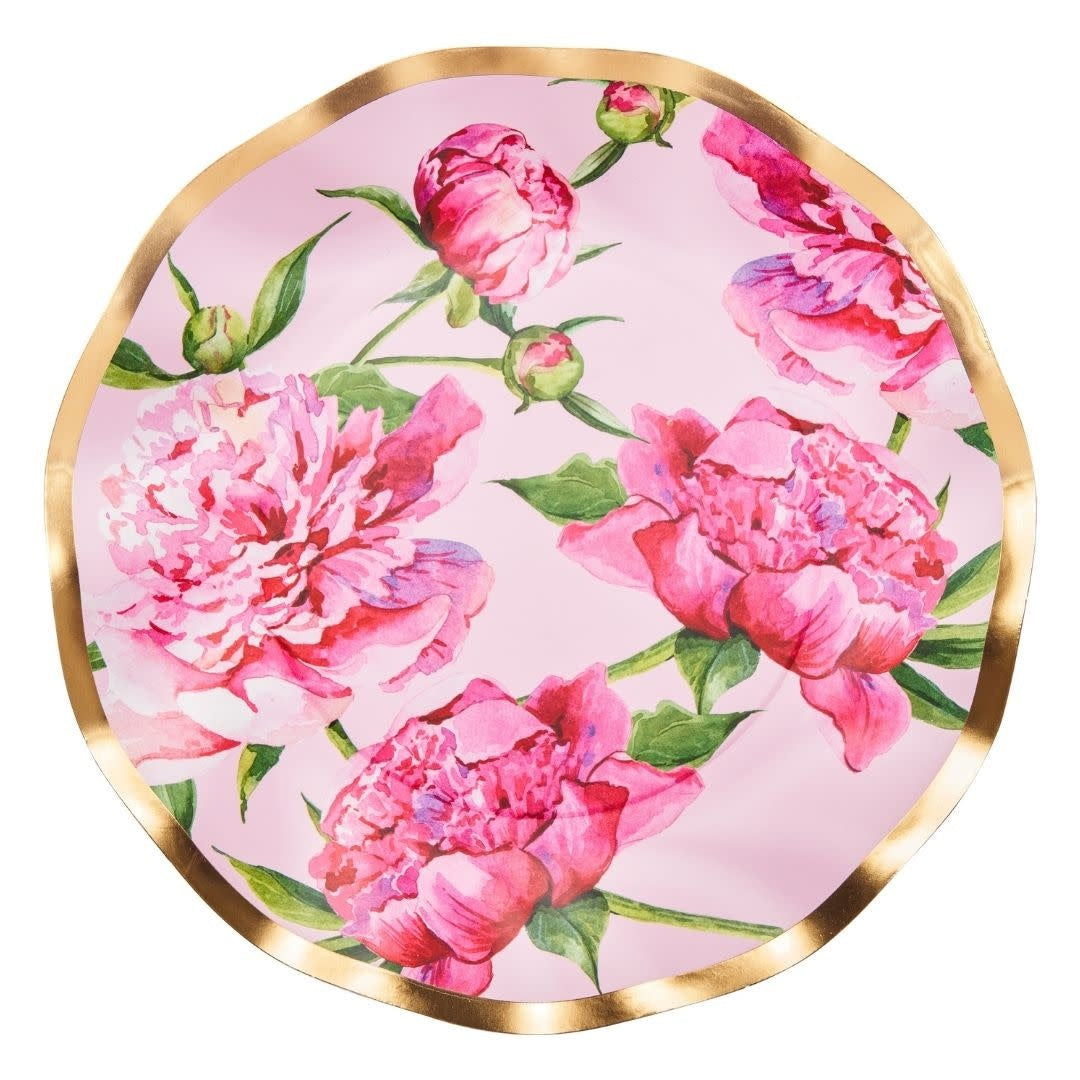Wavy paper salad plate with pink peony floral print on a pink background featuring gold trim and ruffled foil edge.