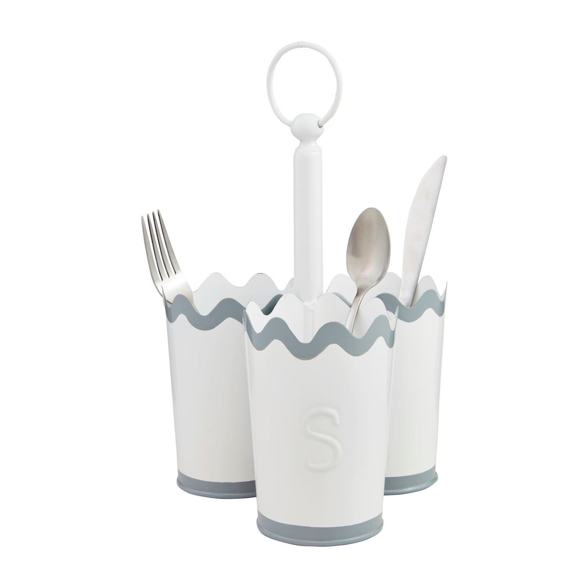 Hand-painted metal utensil holder with wavy edge, center handle, three sections in silver.