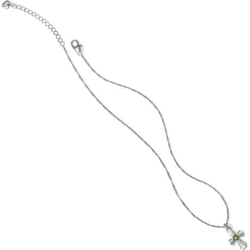 Silver-gold two-tone crystal cross pendant on an adjustable chain necklace.