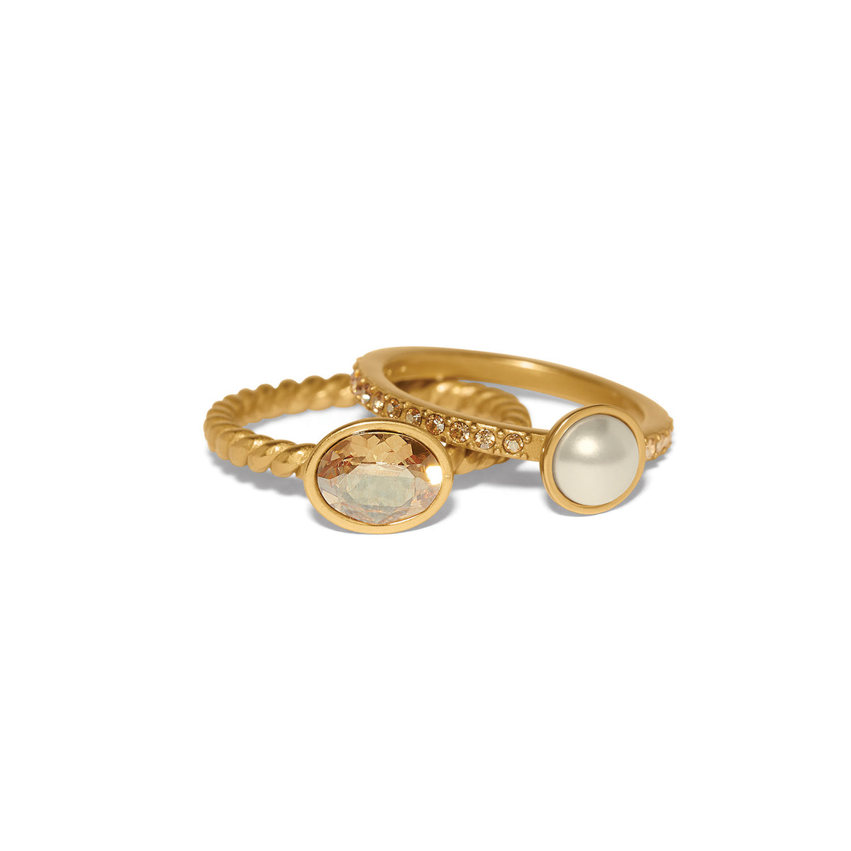 Trust Your Journey gold plated double ring set with a glass pearl and an oval crystal.
