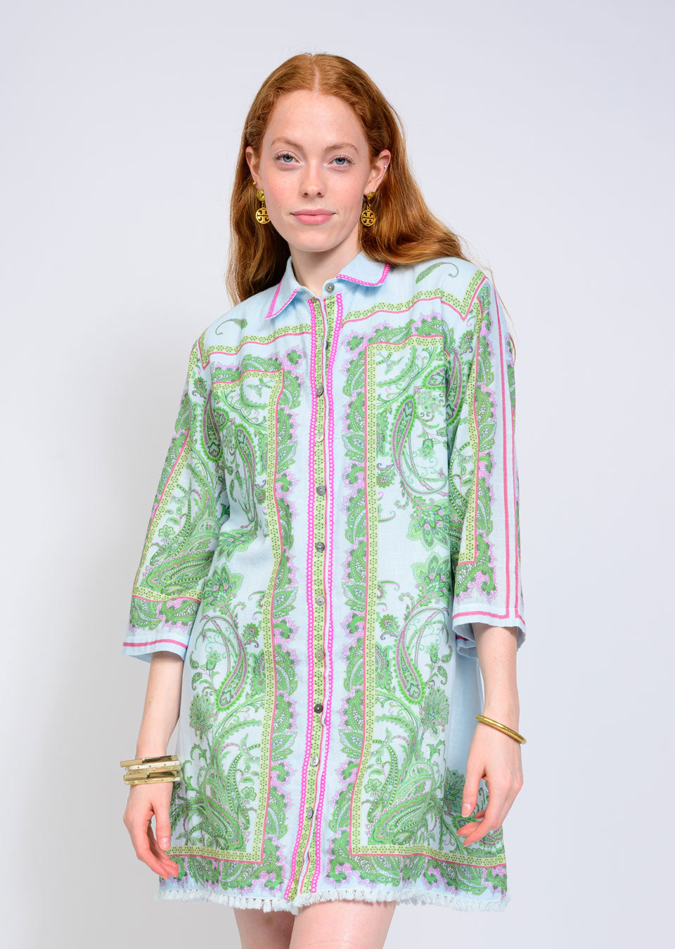 Mitchie Paisley Shift Dress in light blue with green and pink paisley print and button-front.