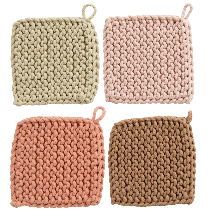 Set of four 8-inch square cotton crocheted potholders in sage, pink, coral, and brown.