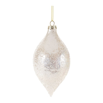 Teardrop-shaped white glass ornament with a textured, frosted finish and gold hanging loop.