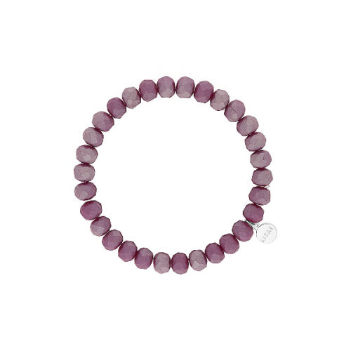 Stretchy Clarksville bracelet featuring faceted purple glass beads and a small silver logo charm.