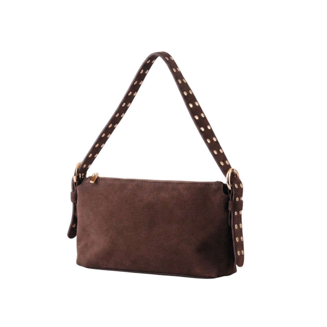 Chocolate brown suede shoulder bag with gold-toned metal studs along the strap.