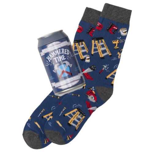 Men's crew socks in blue cotton blend with a beer can print pattern.