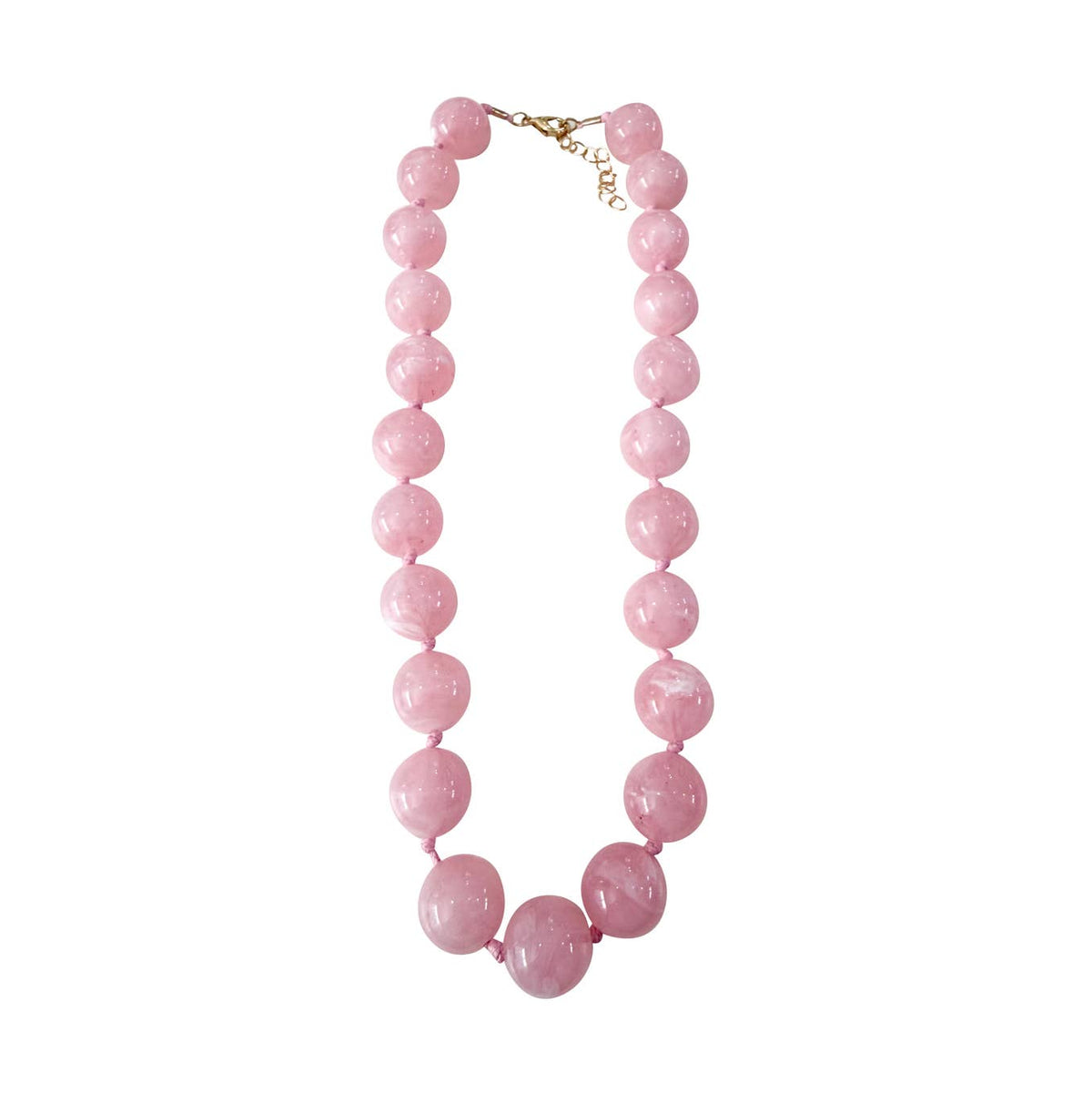 Mabry Chunky Beaded Necklace featuring large, glossy marbled pink stone beads and a gold clasp.