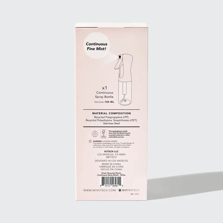White recycled plastic continuous spray bottle with a compact cylindrical body.