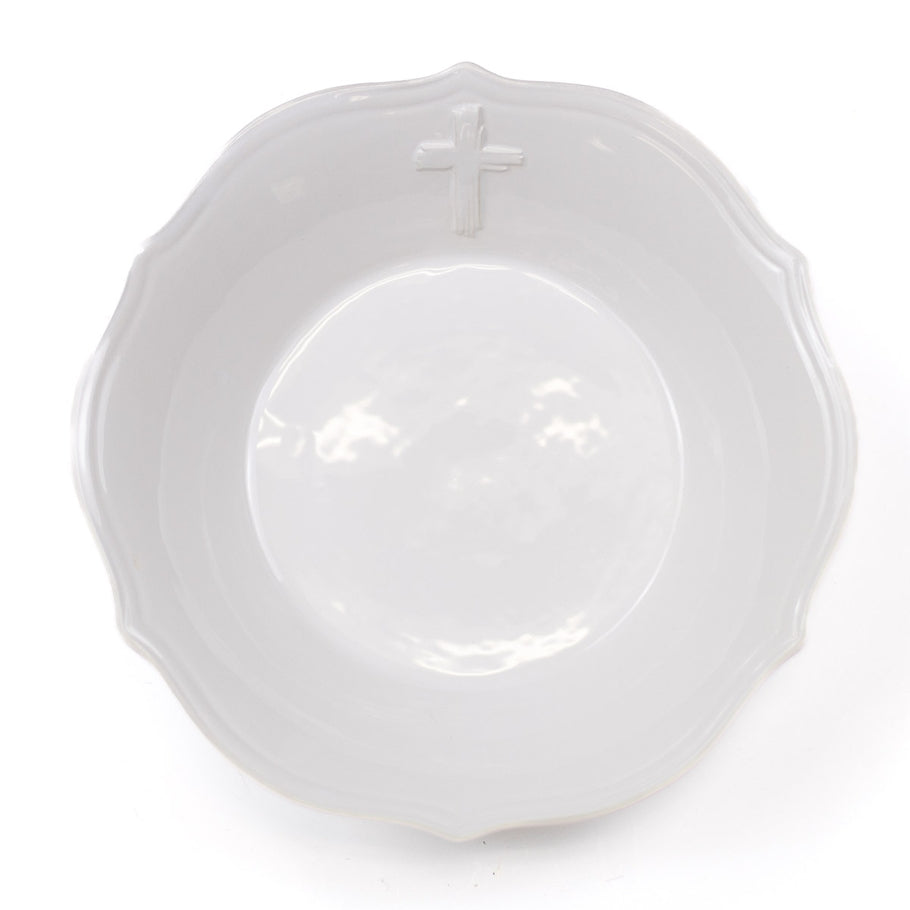 White dolomite serving bowl with embossed cross texture, measuring 11 inches wide.