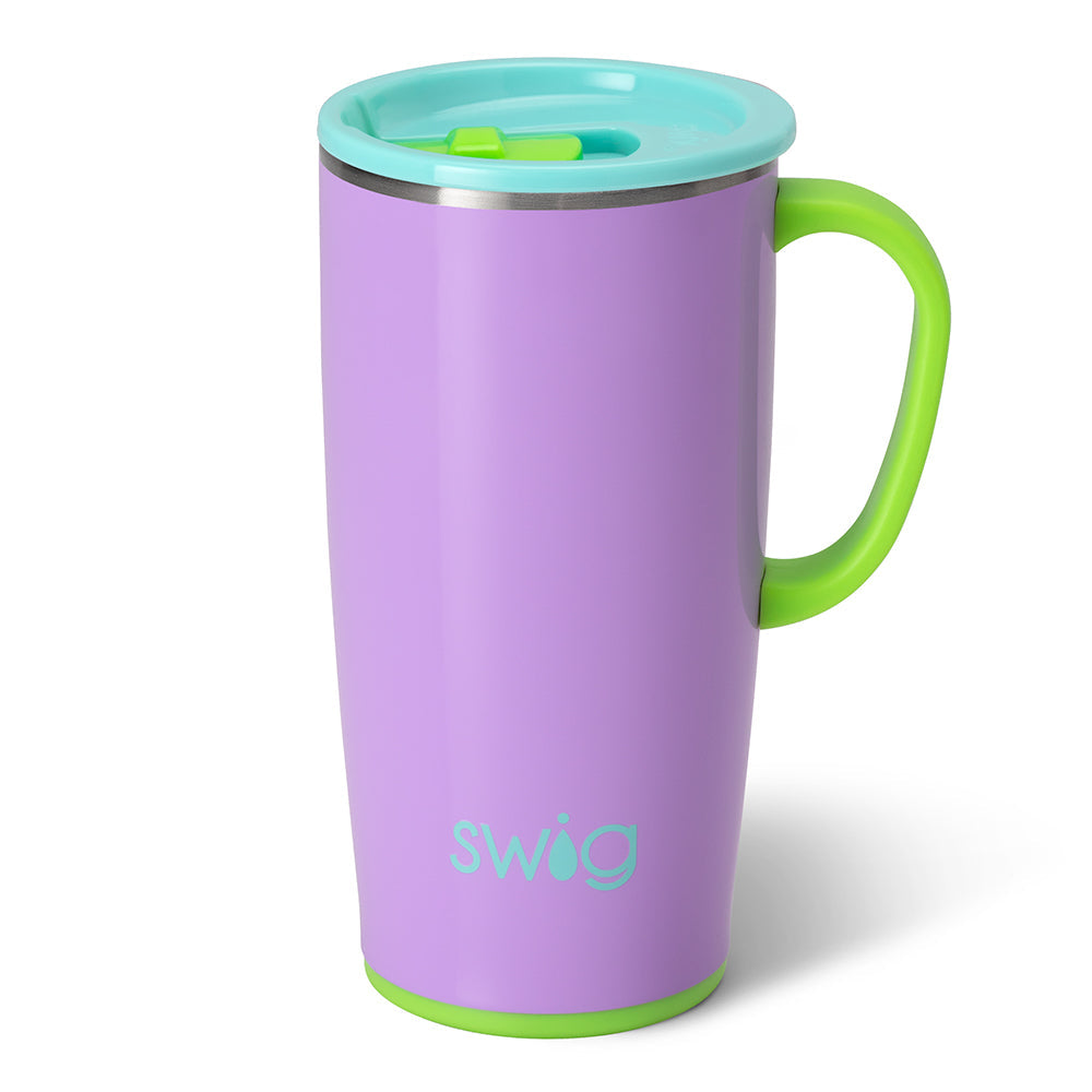Silver stainless steel travel mug with a black silicone base and removable lid slider.