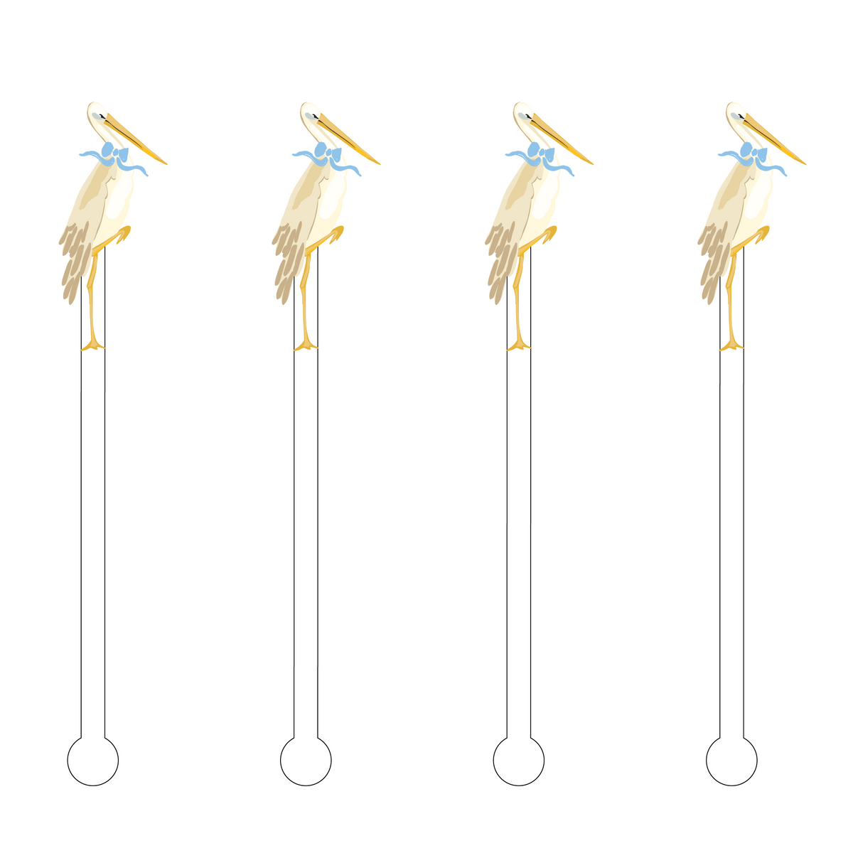 Set of four acrylic stir sticks featuring a baby boy stork with a blue bow on a 6-inch clear stem.
