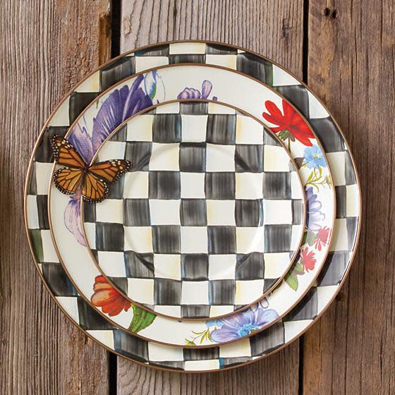 Courtly Check Enamel Salad/Dessert Plate stacked with floral plates and a butterfly accent.