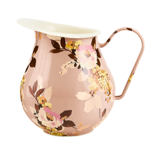 Pink floral enamel pitcher with a curved handle and cream-colored interior.