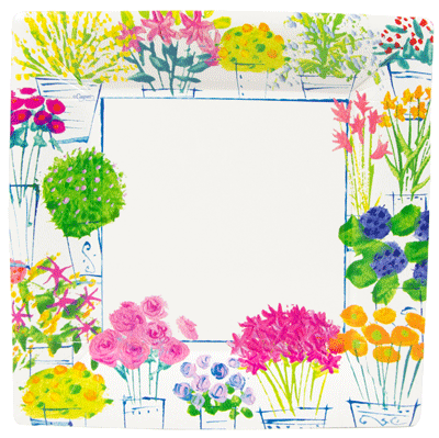 Square paper plate featuring a colorful floral border with various potted flowers and plants.