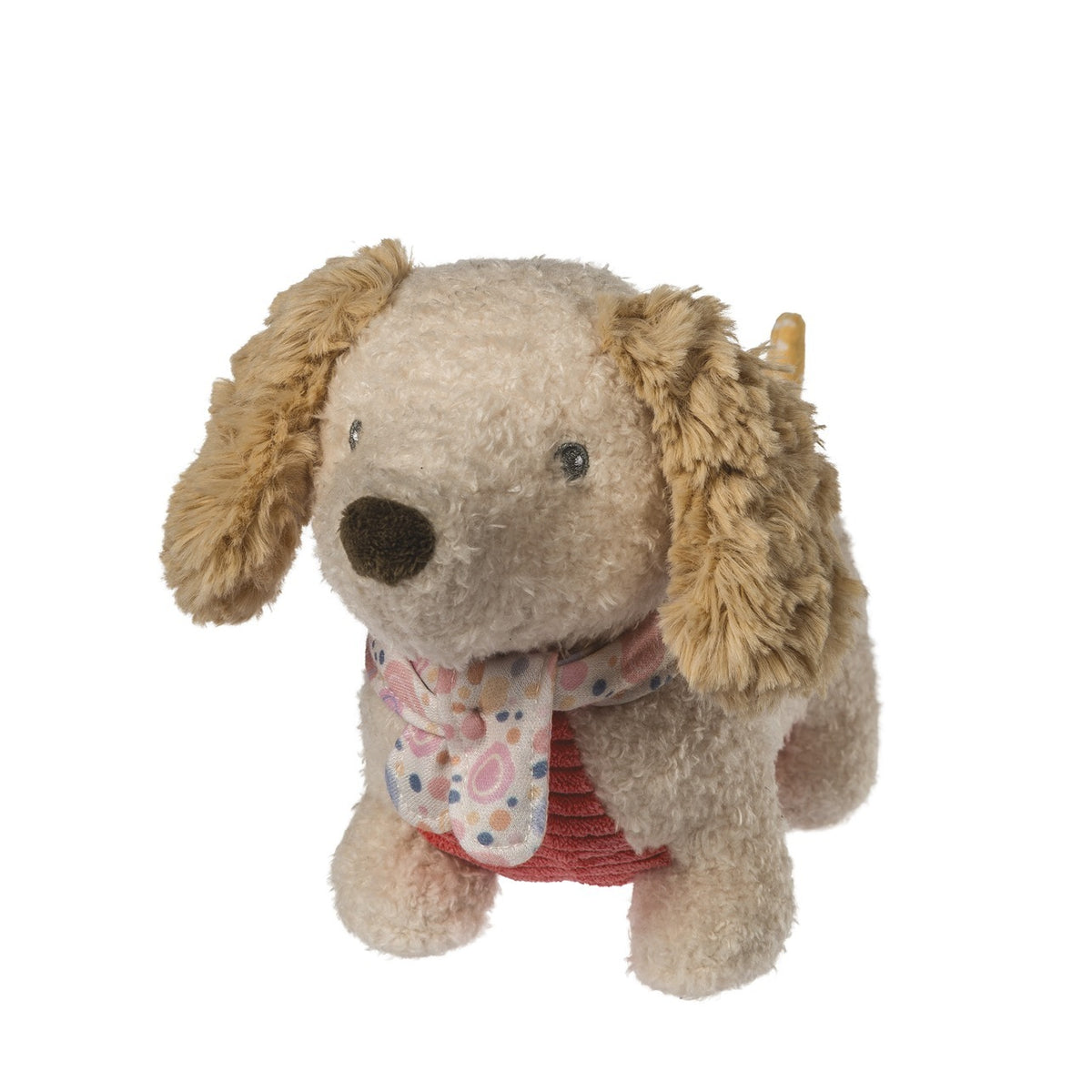 Mary Meyer soft plush dog toy with floppy ears, a patterned scarf, and a red textured body.