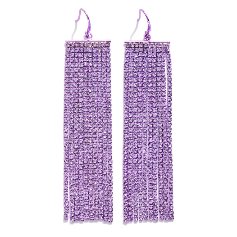 Long purple rhinestone fringe drop earrings with a hook closure.