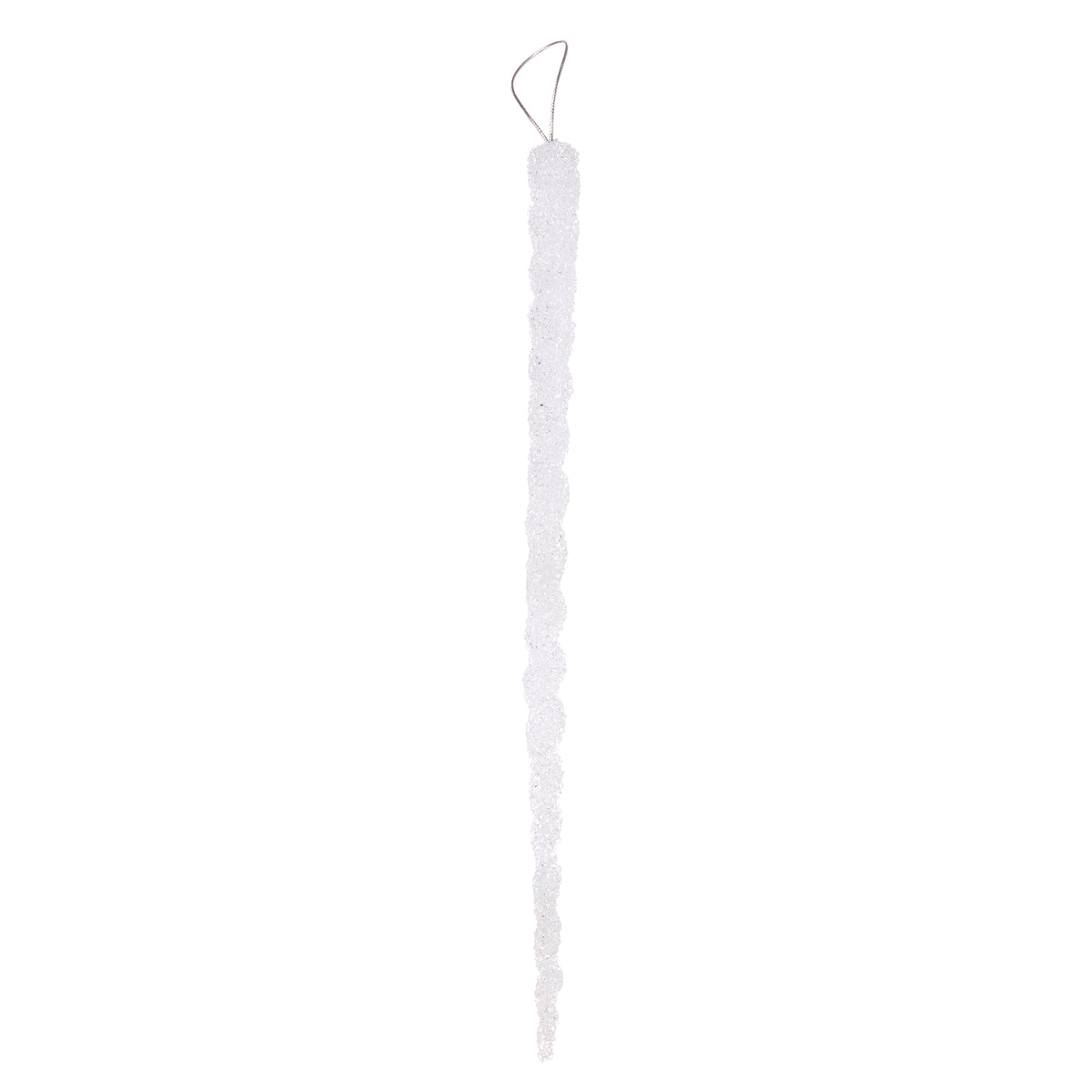Silver icicle-shaped Christmas tree ornament with a faceted glass finish.