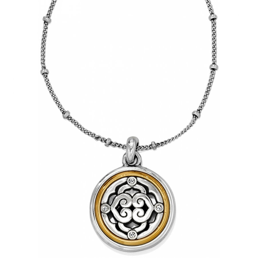 Silver-gold adjustable small necklace with a one-inch crystal pendant drop.