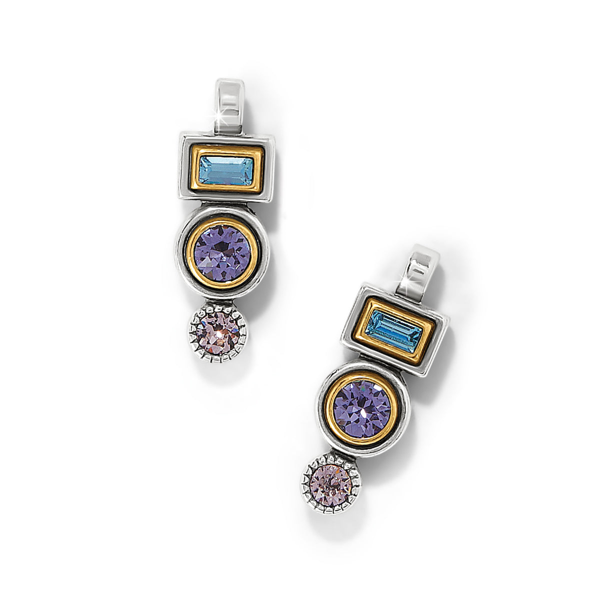 Silver two-tone halo drop earrings with flat disc backs featuring fine quality crystals.