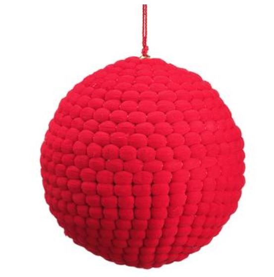 Red yarn ball ornament made with plastic, hemp dogbane, and cotton.