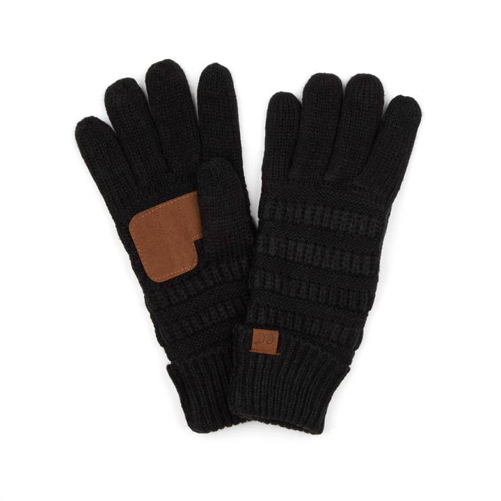 Black fleece-lined touchscreen gloves with a soft acrylic knit texture.
