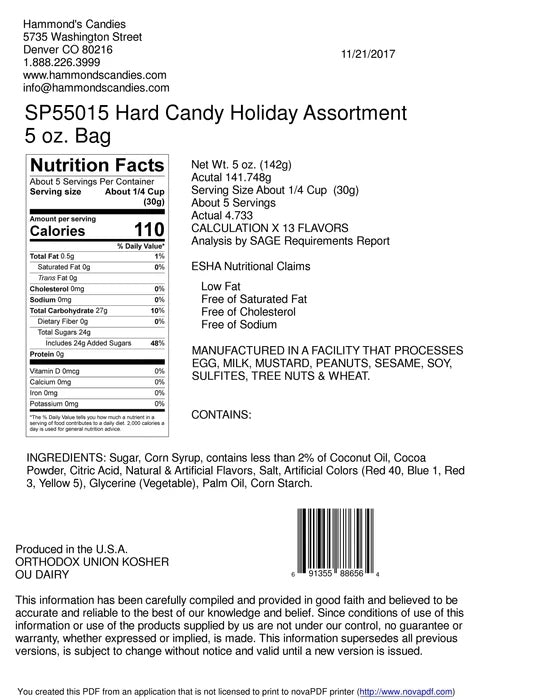 Product specification sheet for SP55015 Hard Candy Holiday Assortment with nutrition facts.