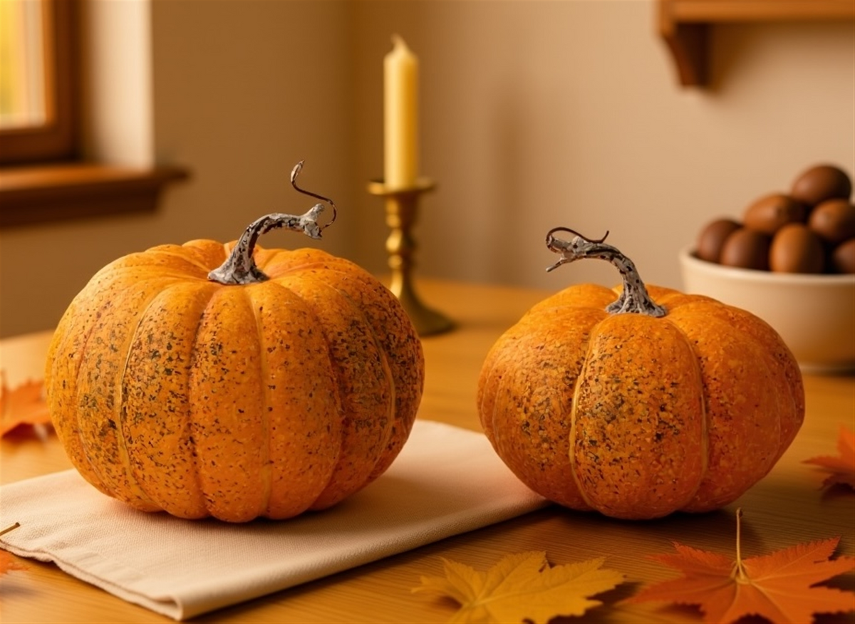 Two orange decorative styrofoam pumpkins with textured surfaces and twisted stems on a table.