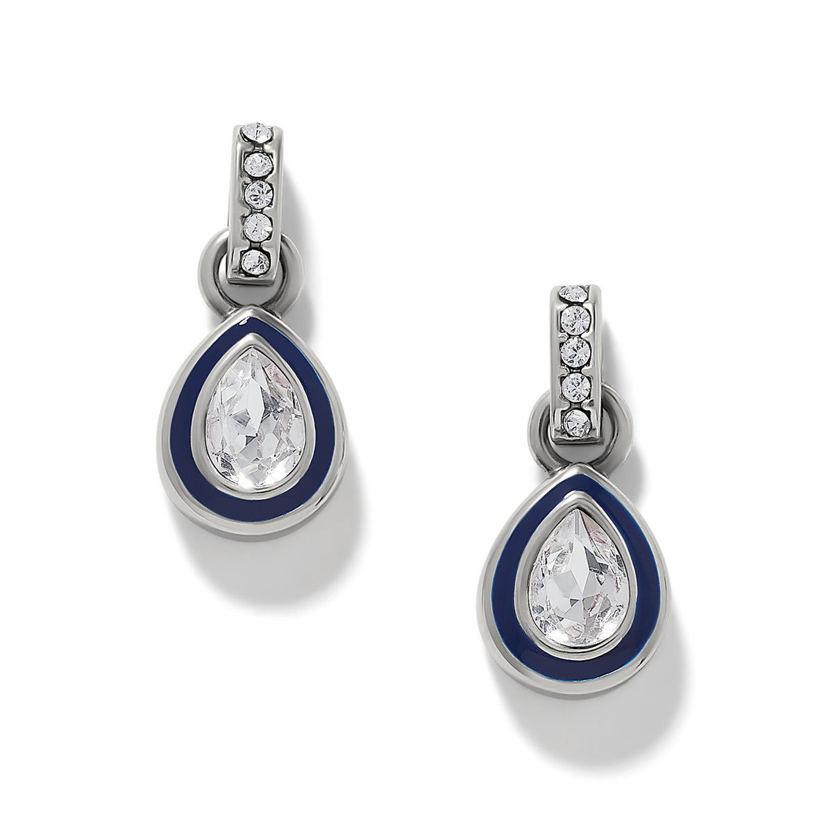 Silver-plated teardrop post drop earrings with blue enamel and fine quality crystals.