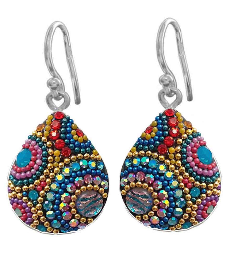 Teardrop mosaic earrings featuring colorful Austrian crystals set in sterling silver.