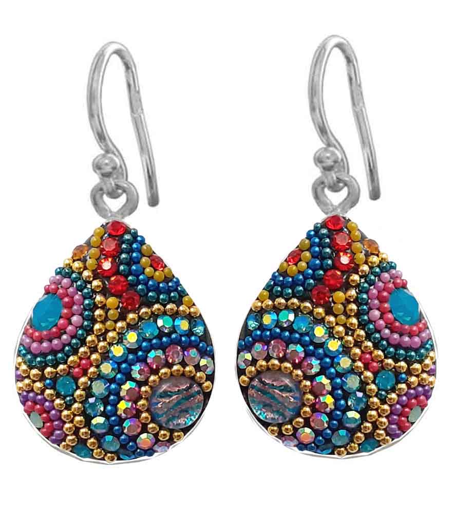 Teardrop mosaic earrings featuring colorful Austrian crystals set in sterling silver.