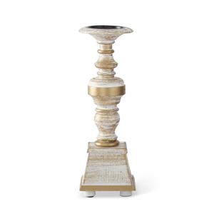 Whitewashed gold wood candleholders on a square base with natural grain texture