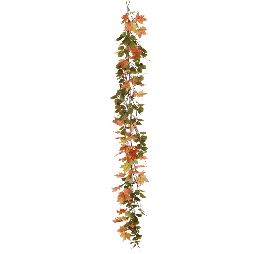 8-foot artificial garland featuring orange and green maple leaves with small red rosehips.