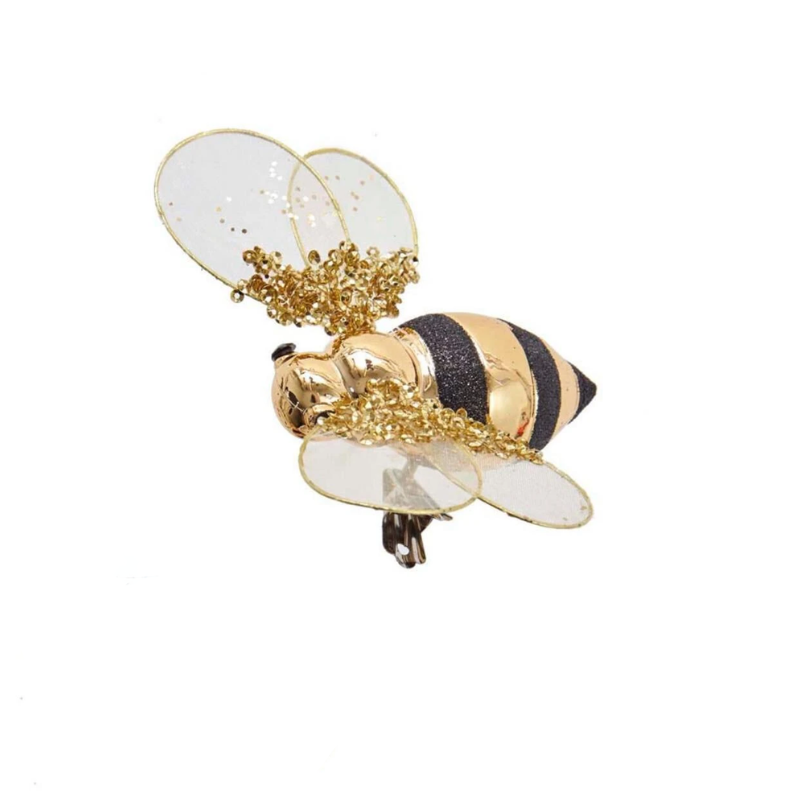 Gold honey bee clip-on ornament with shimmering gold finish and black glitter stripes.
