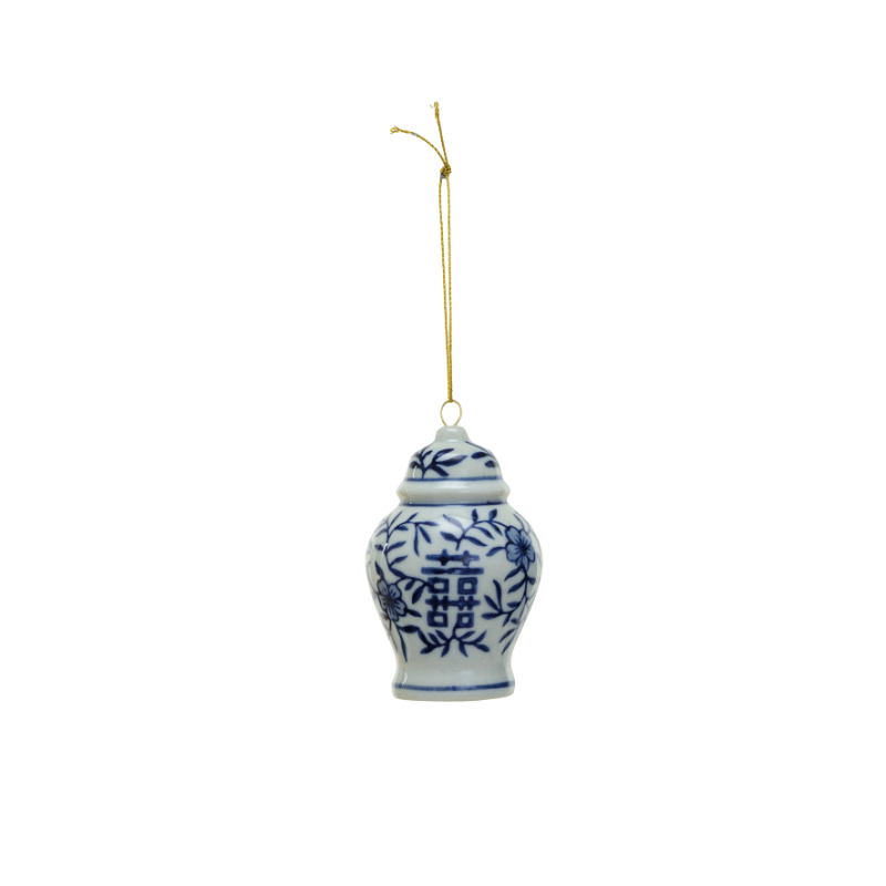 Blue and white stoneware ginger jar ornament with floral pattern and gold hanging string.