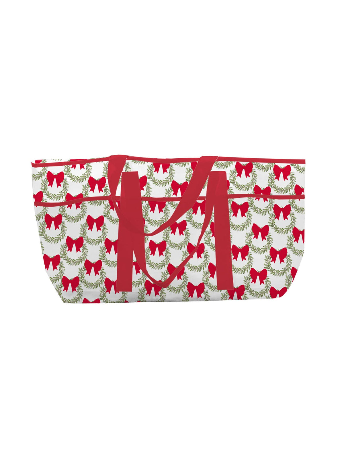 Large white utility tote with red handles and a green wreath and red bow pattern.