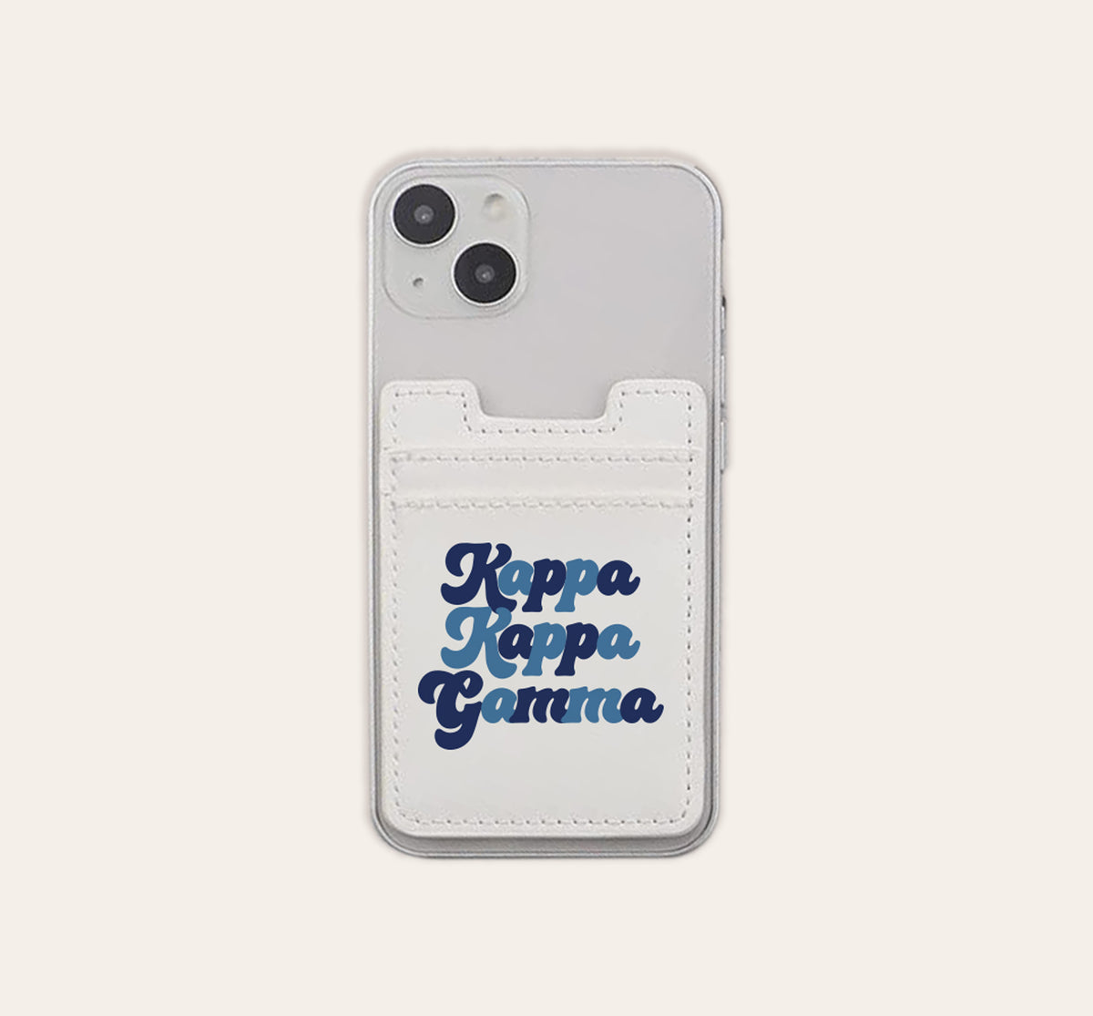 Black sorority phone wallet with Greek letter stick-on charm attached to back.